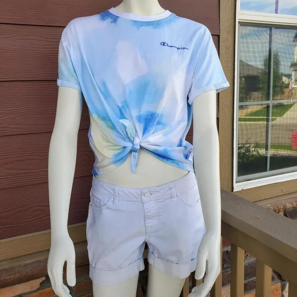 Champion Women's Tie-Front Print Tee Multi Wash Cloud Deep Forte Blue Medium - Picture 14 of 15